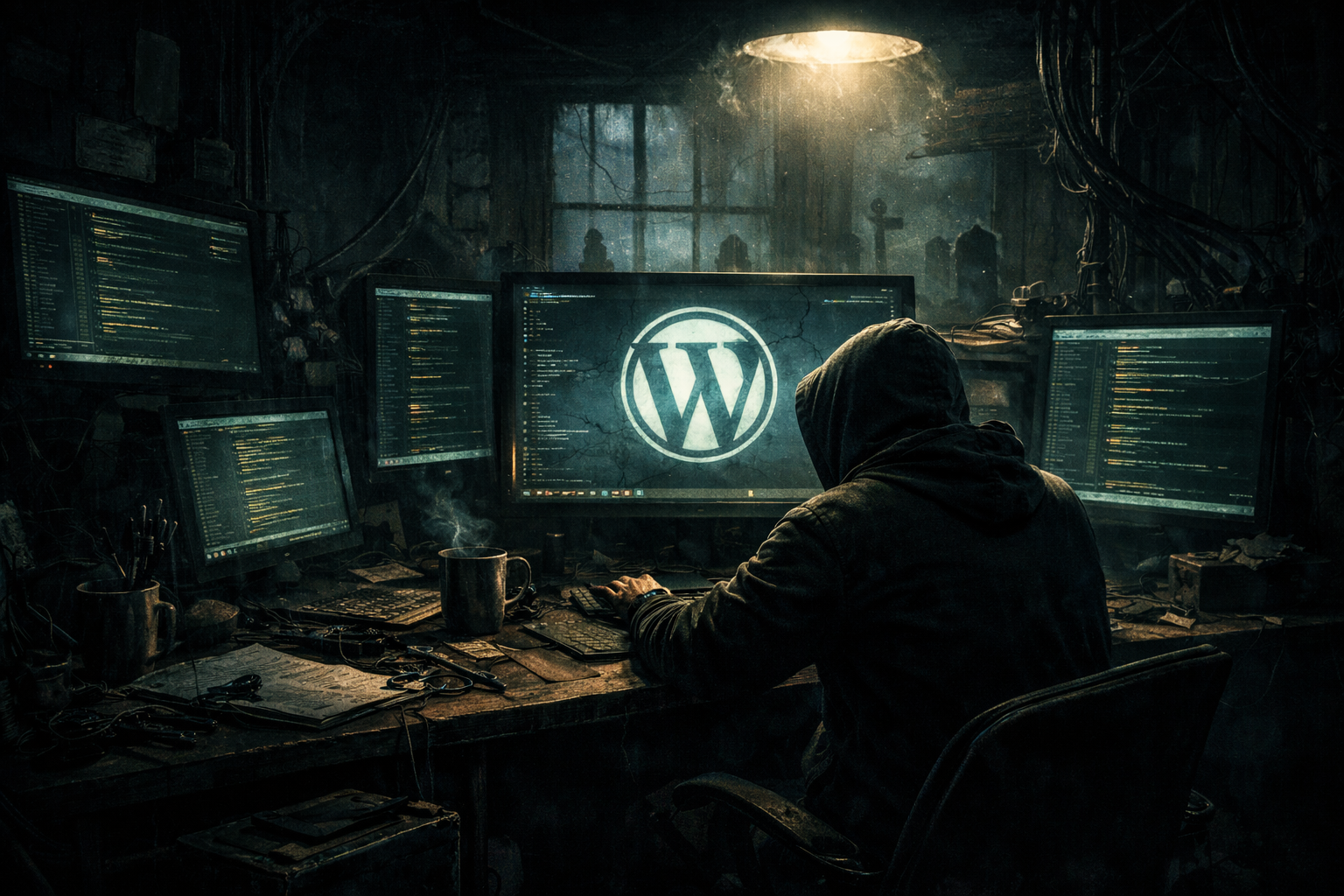 A hooded developer rebuilding a decaying WordPress site in a dim, cemetery-lit workspace.
